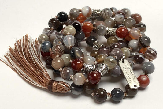 Certified Energized Mala Beads Necklace with COA - Chakra Mala - Japa Mala - 8mm 108 Buddhist Prayer Beads - Meditation Mala - Tassel Necklace – Zodiac/Sun Sign stones (Botswana Agate)