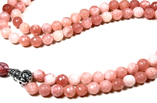 Faceted Peach Jade Mala Beads Necklace – 8mm, 108 Beads – Birthstone & Chakra Energy Beads for Spiritual Practices & Meditation