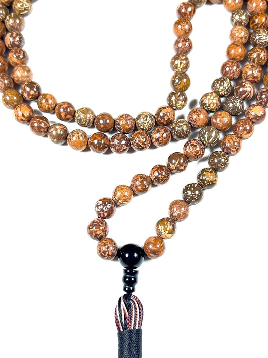 Handmade Natural Coquina Jasper Mala Beads Necklace – 8mm, 108 Beads – Root & Sacral Chakra, Aries & Scorpio Birthstone