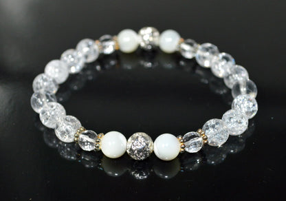 Handmade AAA Crackled and Faceted Crystal Quartz with Mother of Pearl Stretch Bracelet, Gemini Birthstone, May-June Sun Sign, Crown Chakra
