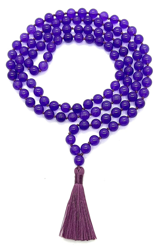 Calming & Balancing Purple Jade Mala Necklace with Tassel (8mm 108 Beads) - Taurus & Libra Birthstone - Heart Chakra Harmony