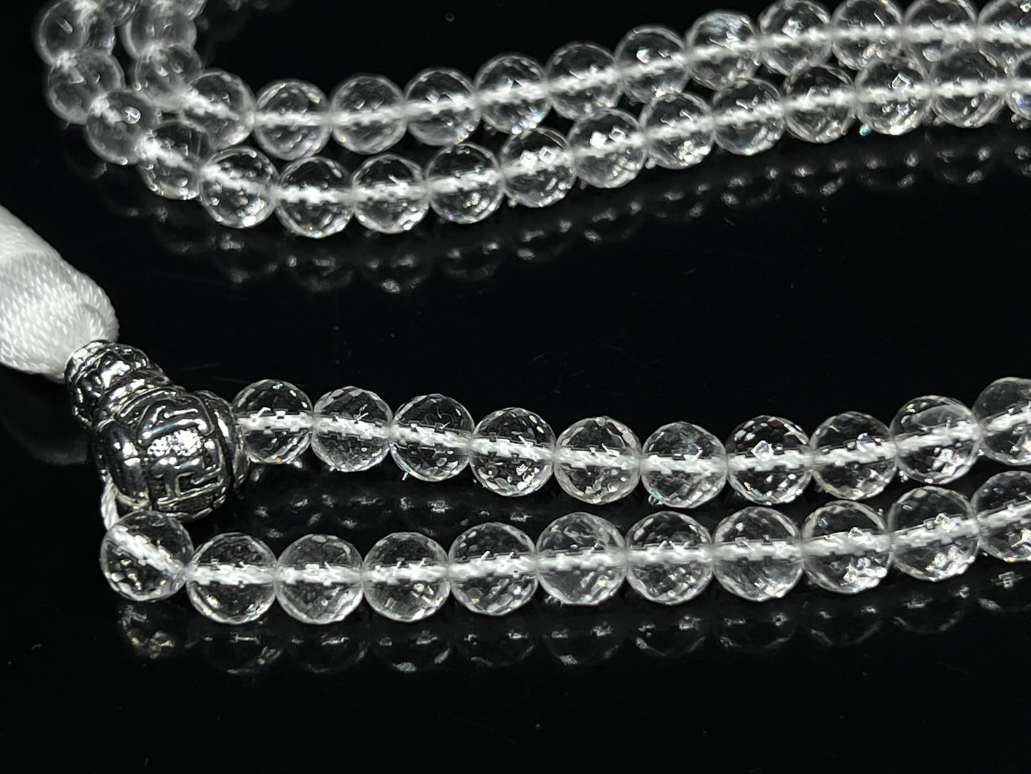 Diamond Cut Crystal Quartz Mala Beads Necklace – 108 Beads – Alloy Guru Bead with "Om Mani Padme Hum" Mantra Inscription – 6mm & 8mm – April Birthstone & Crown Chakra Energy Beads