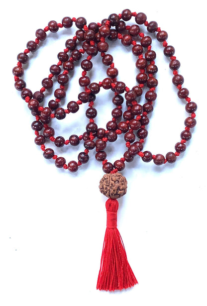 Rosewood mala beads necklace 108 buddhist prayer beads Red Sandalwood japa mala 10 Styles - Energized - w/ mala Pouch (8mm 108+1 Beads Knotted mala w/ 14mm 5 Mukhi (5 Face) Rudraksh Guru Bead)