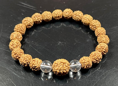 AWAKEN YOUR KUNDALINI Divine Harmony - Stretch Bracelet with Rudraksha & Crystal Quartz - 5 Mukhi, 7 Mukhi Rudraksha, April Birthstone, Taurus Gemstone, Root Chakra