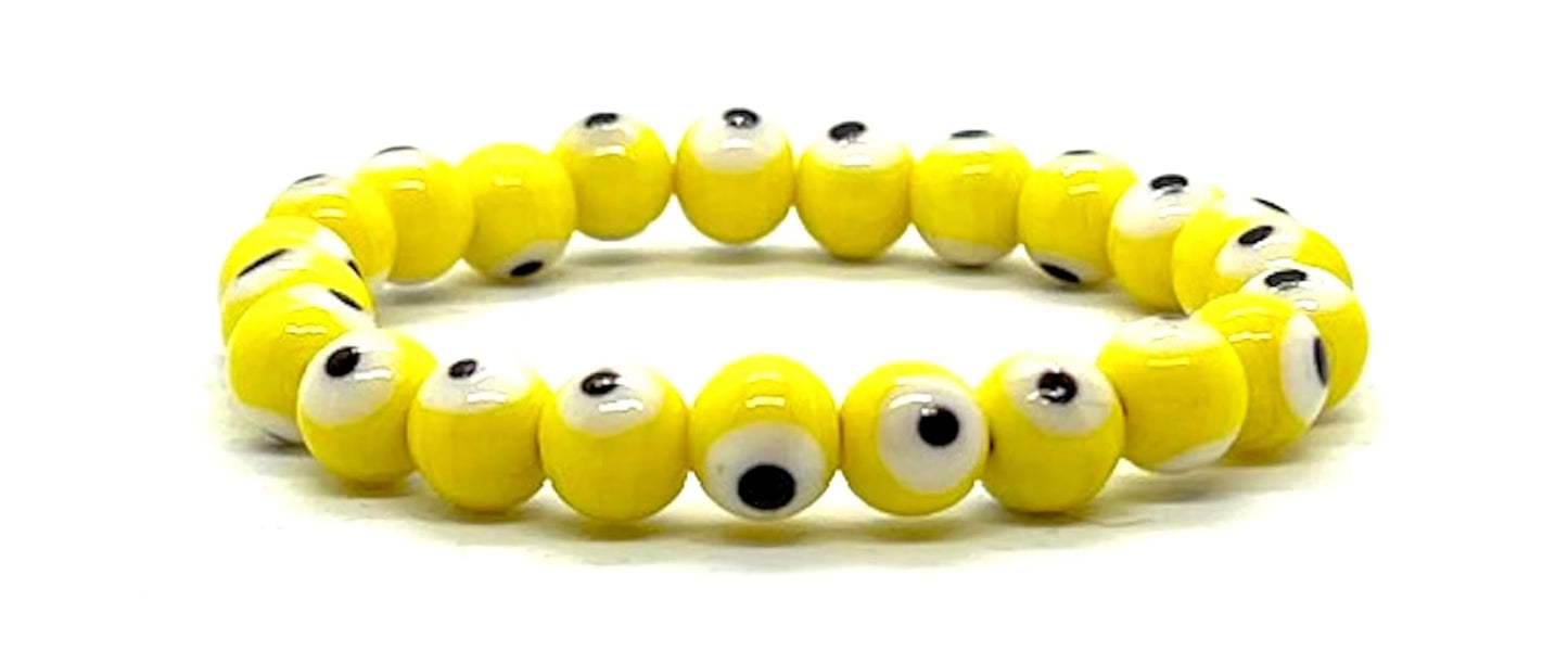 Embrace Optimism & Joy: Handmade Yellow Evil Eye Charm Bracelet (8mm Beads) - Gemini & Leo Birthstone - Solar Plexus Chakra Harmony