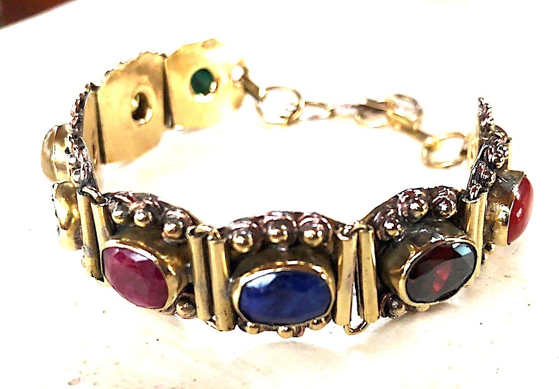 Navratan Navratna Wrist Band Bracelet - 9 Planets Healing Gemstone Navaratna Lucky Charm Amulet for Malefic Planetary Effects (Cuff Link Bracelet Approx. L8"xW.75" Inch Adjustable)