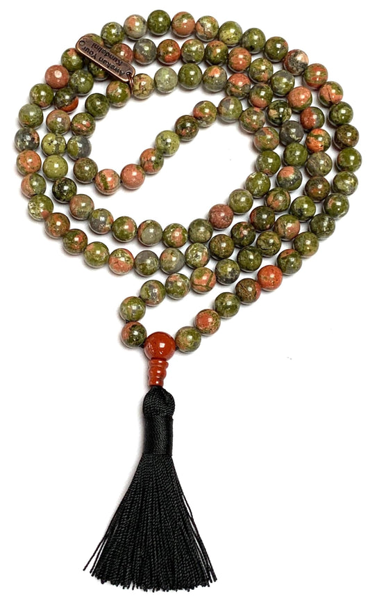 Handmade Heart & Earth Harmony Mala – Unakite Beads with Carnelian Guru | 8mm 108 Beads | Heart & Root Chakras | July Birthstone Energy | Ethically Sourced