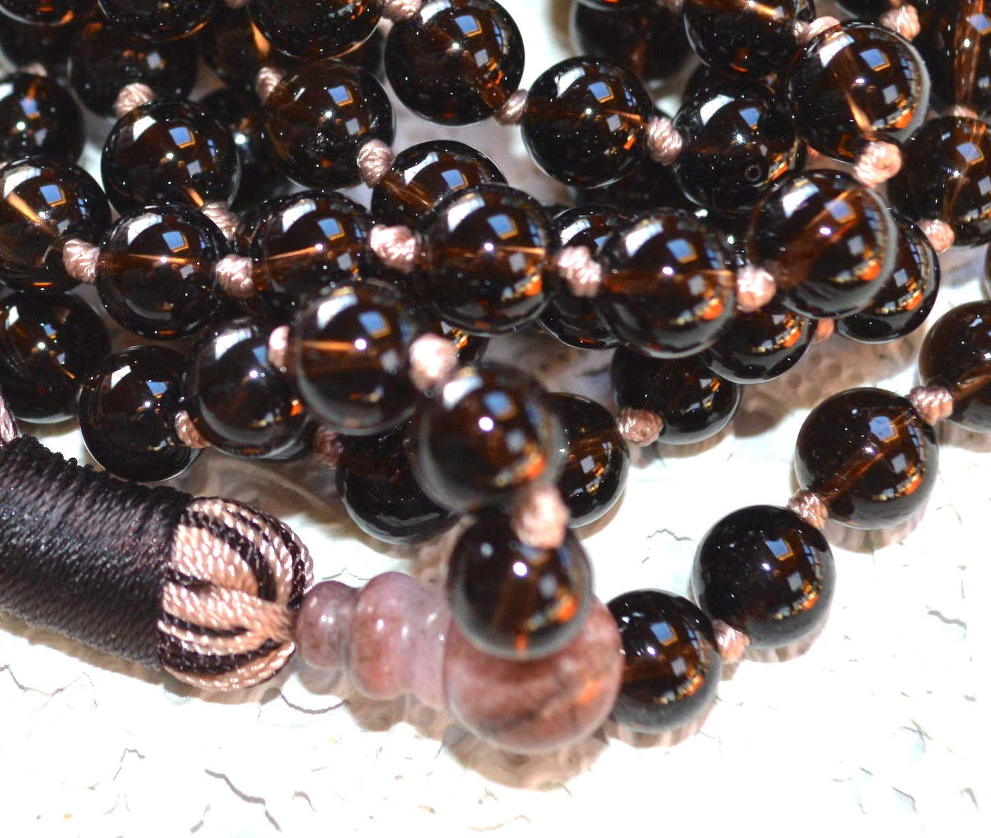 Hand Knotted 8mm Smoky Quartz Mala Necklace with 10mm Rhodonite Guru Bead - Capricorn Birthstone, Root Chakra Alignment - Find Your Inner Peace