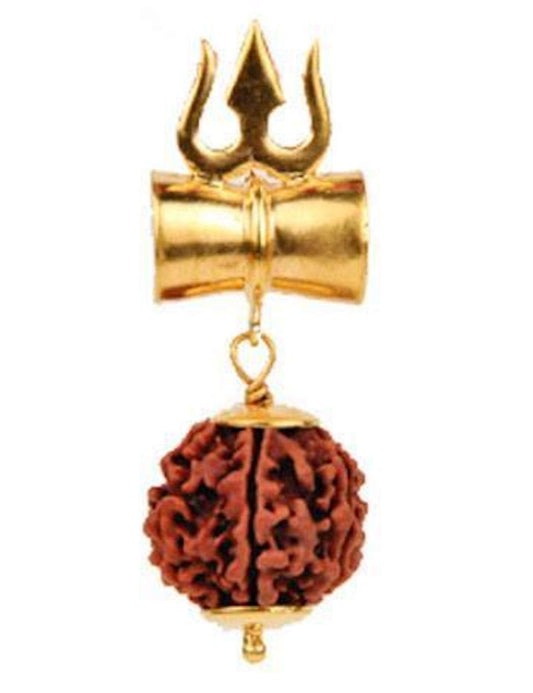 Awaken Your Kundalini Divine Energy: Tri Shakti Trishul Damru - 5 Rudraksha Pendant - Lord Shiva Blessings (Style-2 Astadhatu w/Trishul)