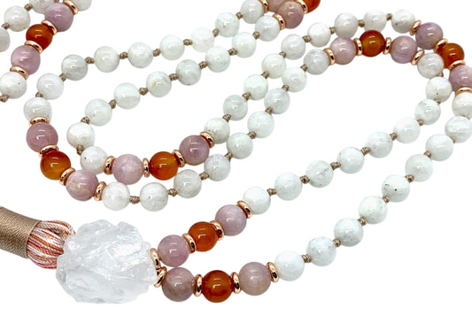 Lunessa Mala Necklace – Hand Knotted Moonstone, Kunzite & Carnelian with Raw Quartz Guru | 8mm 108 Beads | Crown-to-Sacral Chakra Alignment | June & July Birthstones | Ethically Sourced