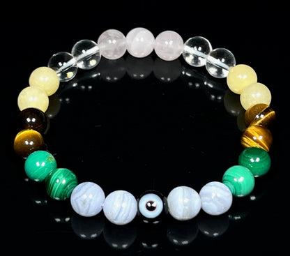 Awaken Your Kundalini Crystals For Happines - Beaded Bracelet - Malachite Tiger's Eye Calcite Blue Lace Agate Rose Quartz Evil Eye - Heart Chakra Stones, Happy Bracelet, Crystals for Joy