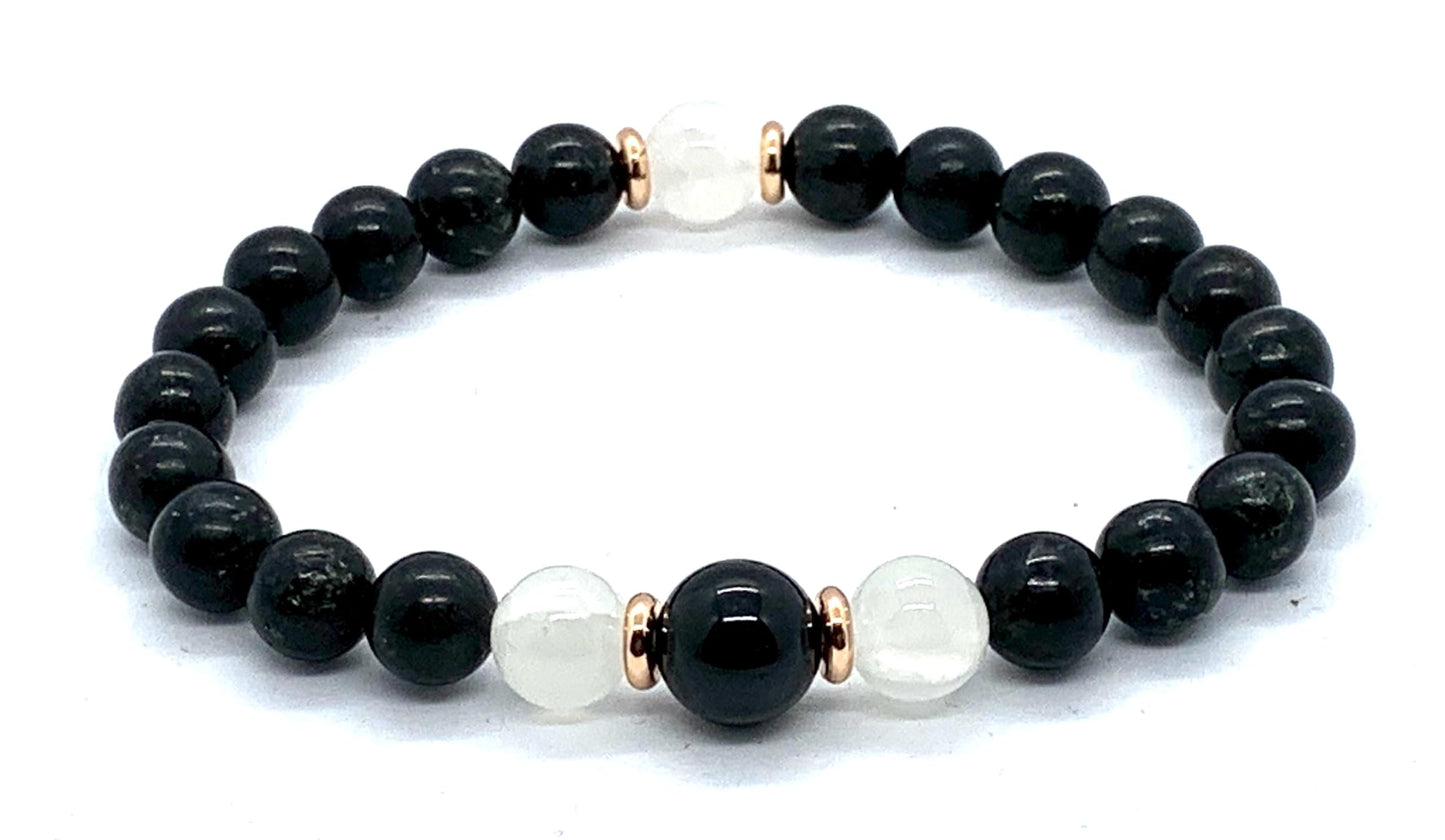 Black Tourmaline and Selenite Stretch Bracelet - October Birthstone for Libra - Root and Crown Chakra Jewelry - Protection Stones