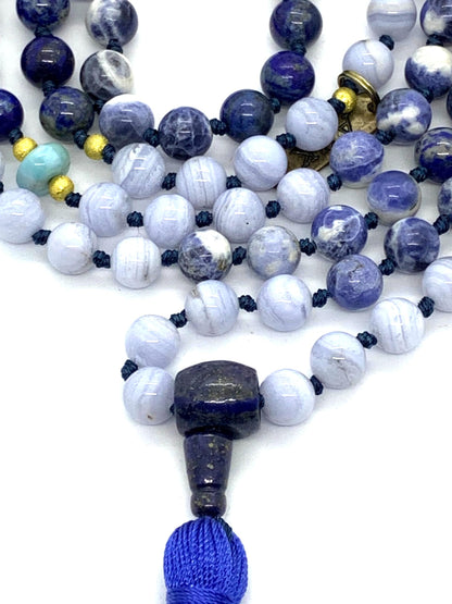 Hand Knotted Oceanic Wisdom Mala Necklace – Lapis Lazuli, Sodalite, Blue Lace Agate & Amazonite | 8mm 108 Beads | September & December Birthstones | Throat & Third Eye Chakras | Ethically Sourced
