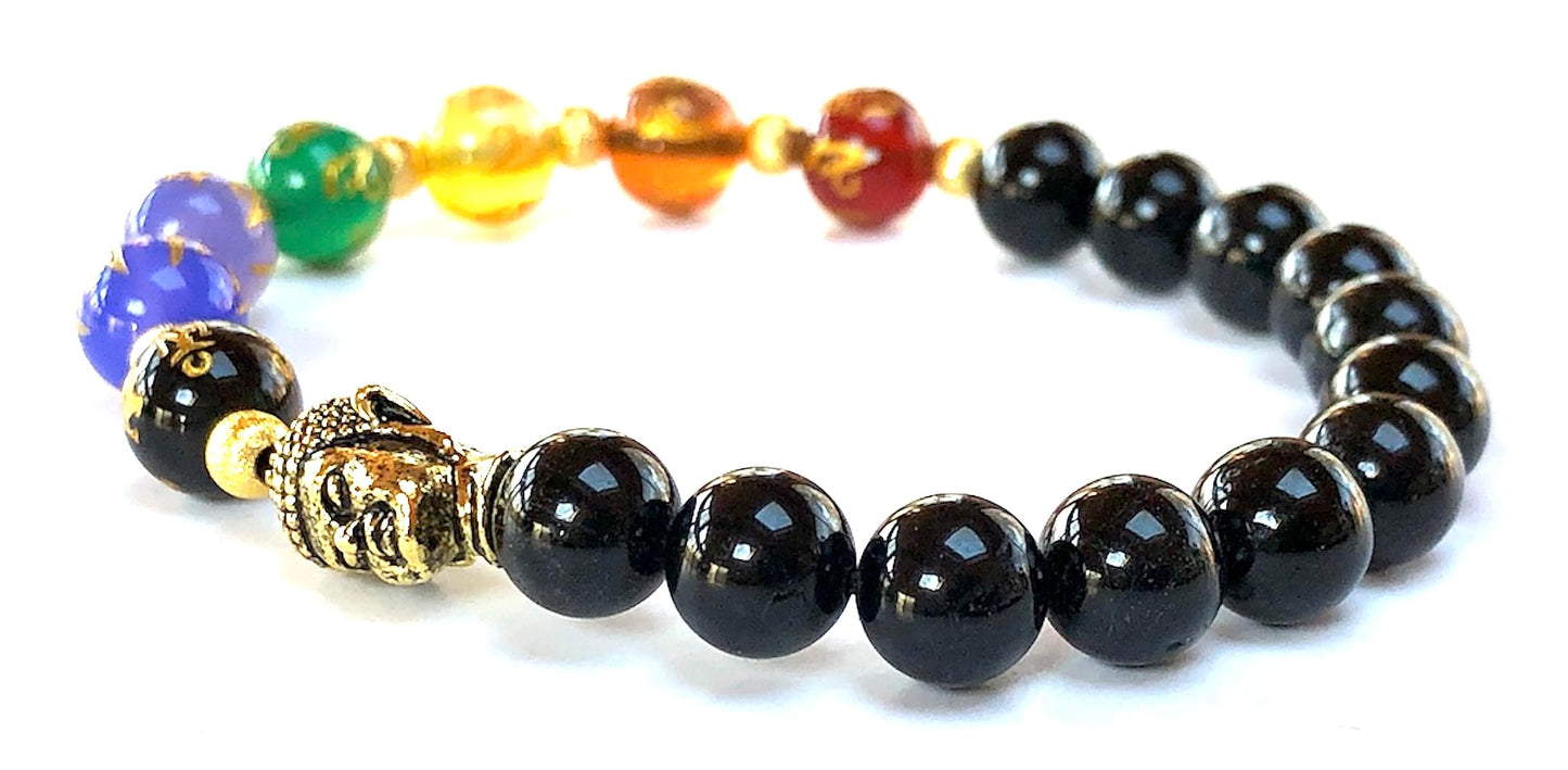 7 Chakra Black Tourmaline & Buddha Stretch Bracelet – 8mm Beads - Onyx Beads with "Om Mani Padme Hum" Inscription – Chakra Balancing & Zodiac Birthstones