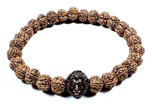 Unleash Inner Strength & Grounding: Handmade 5 Mukhi Rudraksha & Bronze Polished Lion Head Bracelet (8mm) - Root Chakra & Universal Birthstone