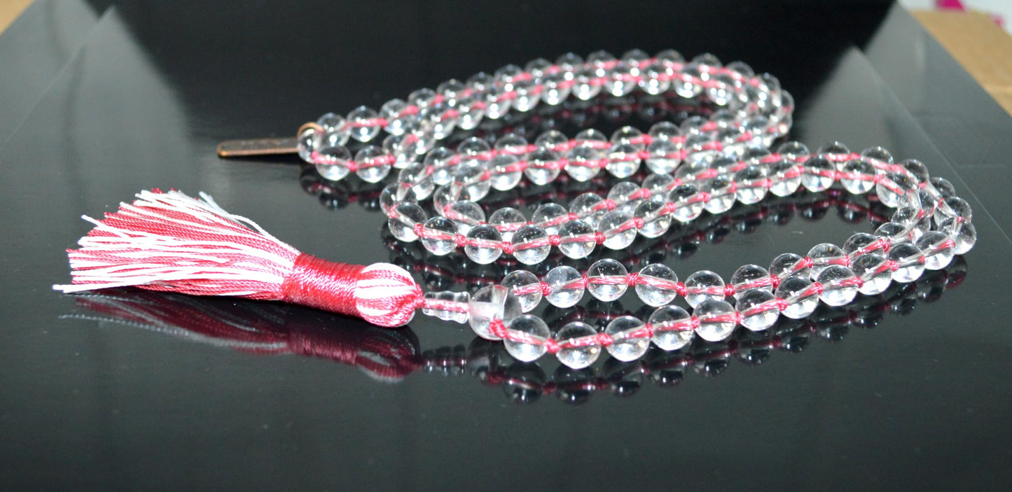 Hand Knotted Clear Crystal Quartz Mala Beads Necklace, 108 Beads, Birthstone for April, Taurus Sun Sign, Crown Chakra, Astrological Sign Aries