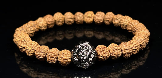 Unleash Inner Strength & Grounding: Handmade 5 Mukhi Rudraksha & Gunmetal Lion Head Bracelet (8mm) - Root Chakra & Universal Sun Sign