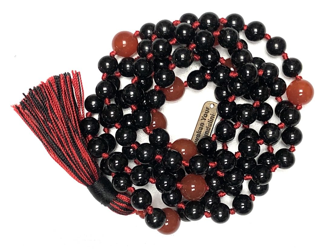 Hand-Knotted Black Tourmaline & Red Carnelian Mala Beads Necklace – 108 Beads – Scorpio & Aries Birthstone – Root & Sacral Chakra Energy Beads
