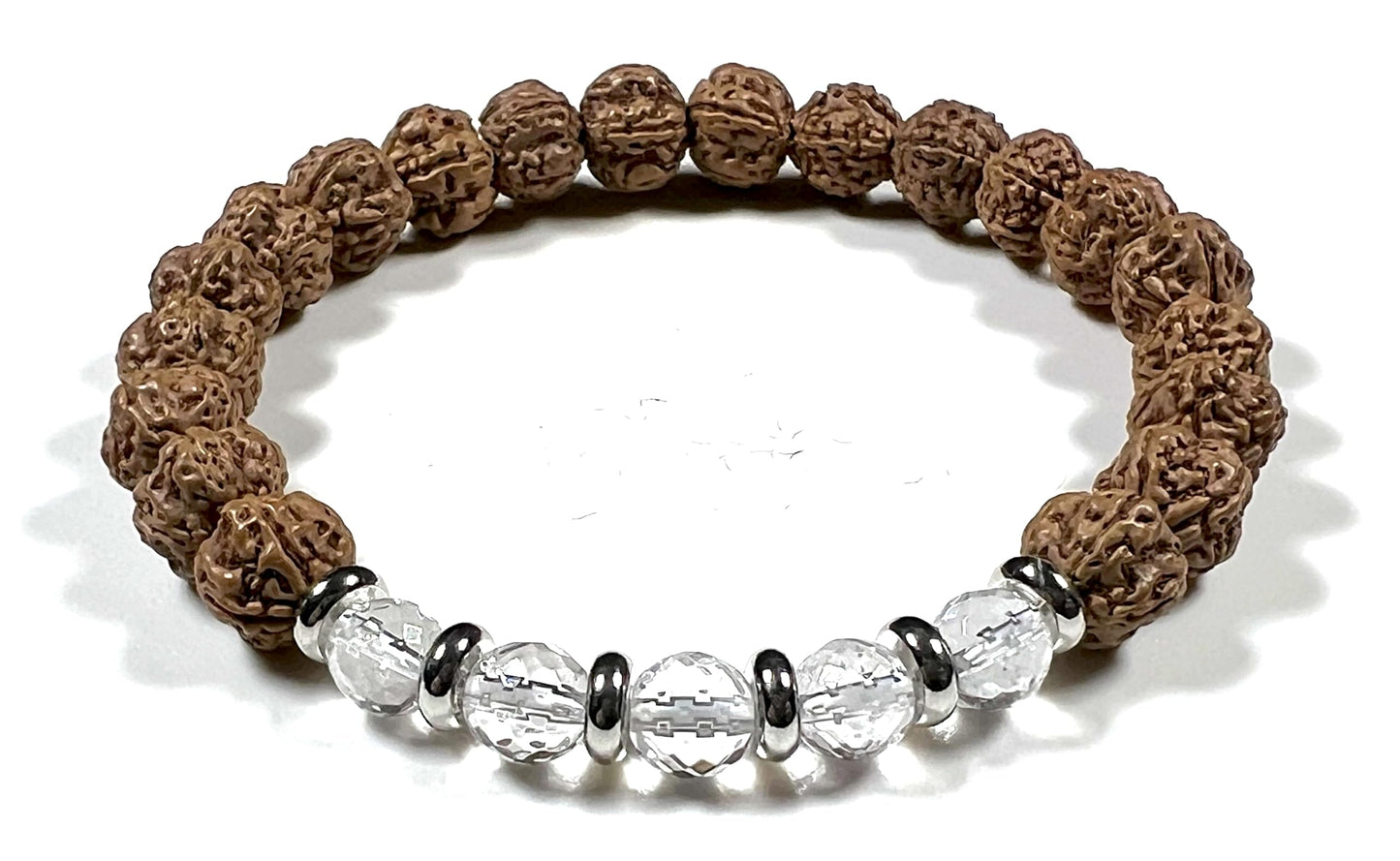 5 Mukhi Chikna Rudraksha Bracelet with Crystal Quartz | Stretch Beads for Balance & Clarity
