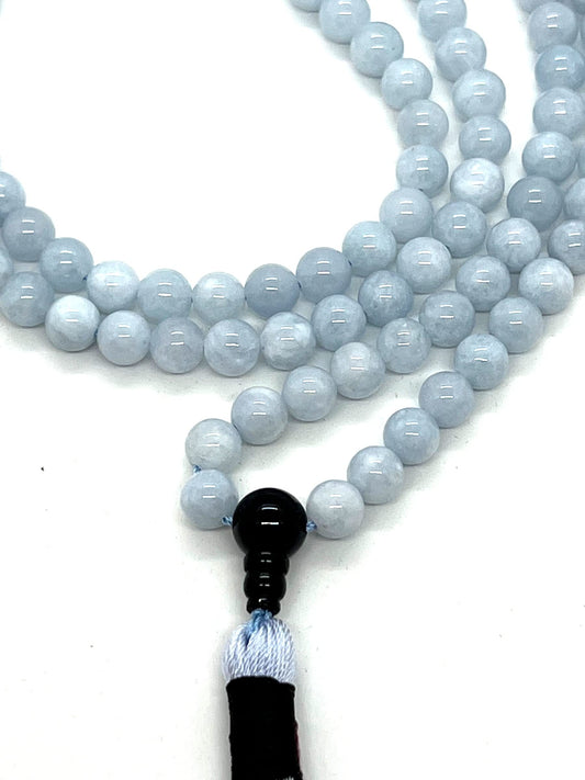 AURA Aquamarine & Black Onyx Mala Necklace | 108 Hand-Knotted Beads for Clarity, Grounding & Compassion | Throat & Root Chakra | Pisces Birthstone | Handmade in USA