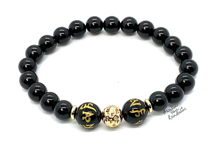 Black Obsidian Mala Bracelet with Engraved Buddhist Mantra - 10mm Crystals - October-November Birthstone for Scorpio - Root Chakra Balancing