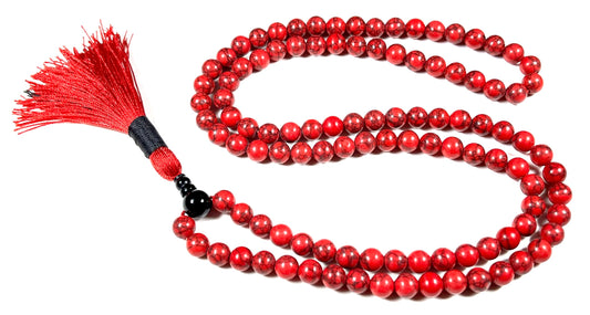 Handmade Red Howlite Mala Beads Necklace | 8mm 108 Beads | Black Onyx Guru Bead | Hand-Knotted Spiritual Jewelry | Birthstone & Root Chakra Energy