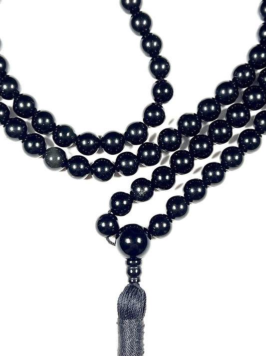 Handmade Black Obsidian Mala Beads Necklace – 8mm, 108 Beads – Root Chakra, Scorpio & Sagittarius Birthstone