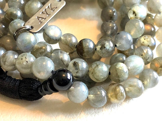 Labradorite Mala Beads | Fifth Chakra | Throat Chakra | Tassel Necklace | Communication | Self Expression | Creativity in Writing | Public Speaking | Scorpio Birthstone, Zodiac Sign