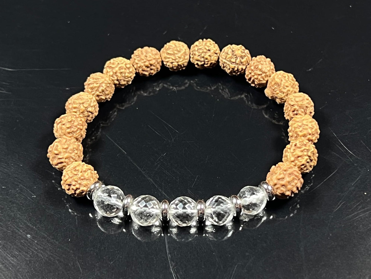 5 Mukhi (five faces) Chikna Rudraksha and Crystal Quartz Stretch Bracelet | Birthstone for April, Taurus Sun Sign | Crown Chakra (Wrist Size 6 Inches)