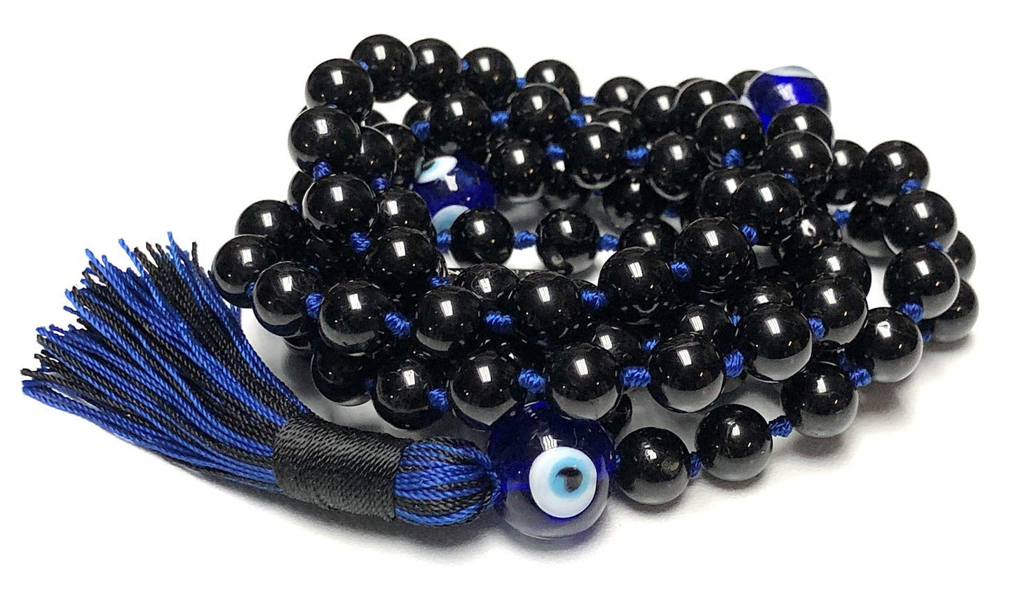 VESTA Black Tourmaline & Evil Eye Mala Necklace | 108 Handcrafted Beads for Protection, Grounding & Intuition | Root & Third Eye Chakra | Capricorn & Aquarius Birthstone | Handmade in USA