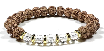 5 Mukhi Chikna Rudraksha Bracelet with Crystal Quartz | Stretch Beads for Balance & Clarity