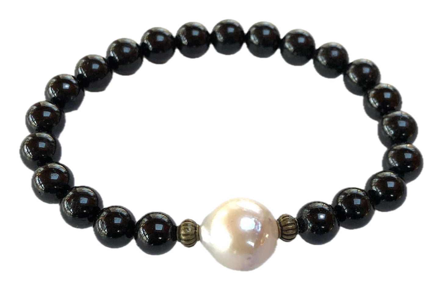VESTA Black Tourmaline & 14MM Natural Pearl Bracelet | Grounding, Elegance & Protection | Root Chakra Energy | Handmade in USA