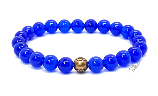 8mm Blue Jade Stretch Bracelet with Center Copper Bead - March Birthstone For Pisces - Throat Chakra Balancing Alignment & Activation