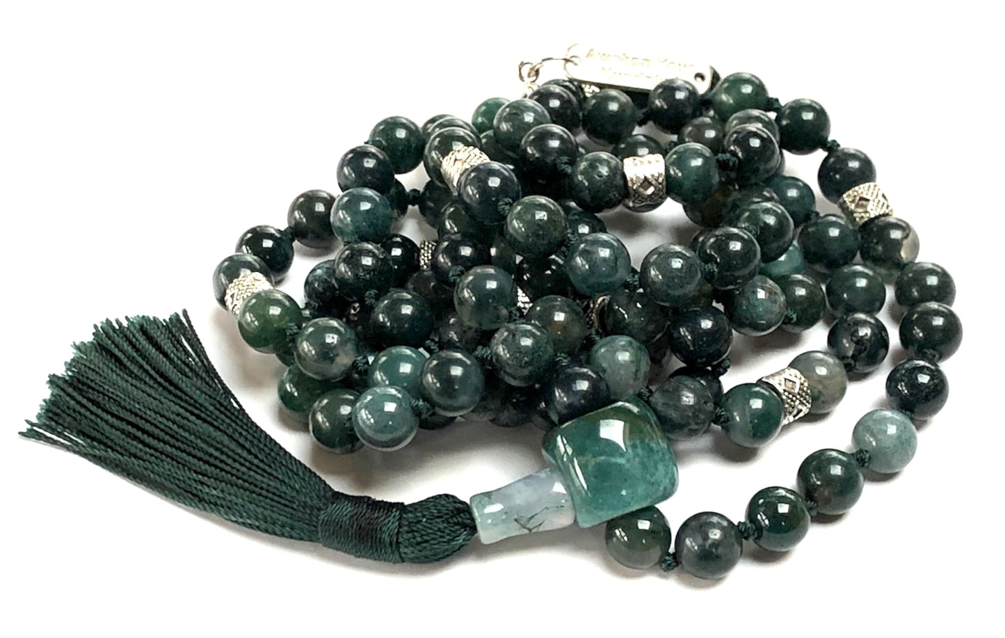 Certified Energized Mala Beads Necklace with COA - Chakra Mala - Japa Mala - 8mm 108 Buddhist Prayer Beads - Meditation Mala - Tassel Necklace – Zodiac/Sun Sign stones (Moss Agate)