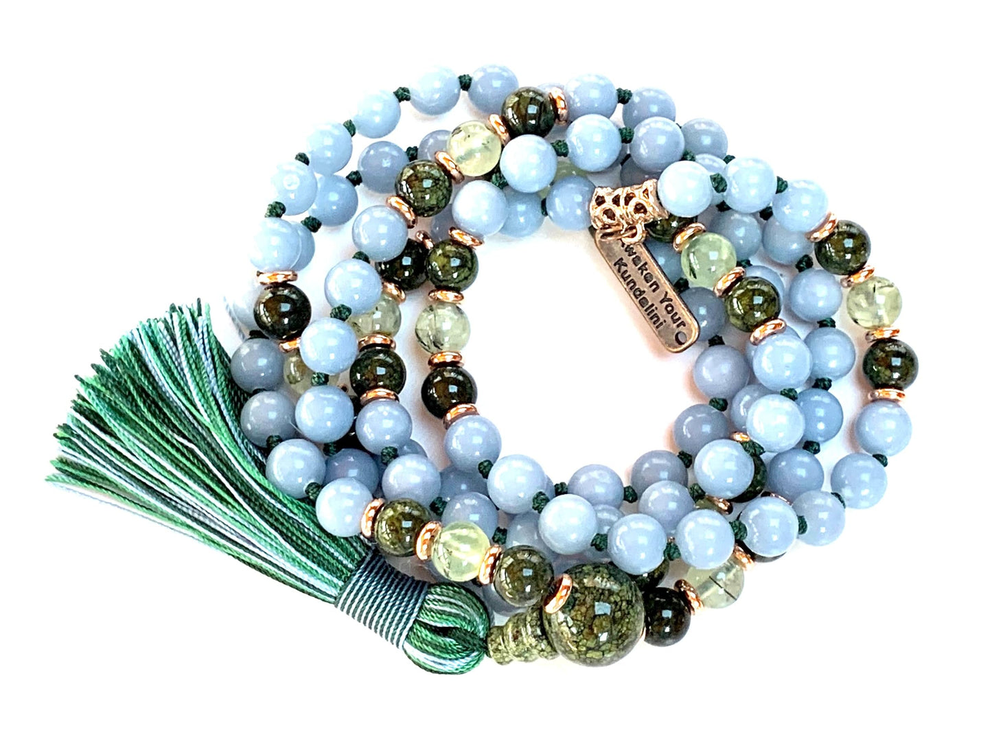 Hand-Knotted Angelite, Tourmaline, Prehnite & Green Jade Mala Beads Necklace | 8mm 108 Beads | Universal Birthstone | Heart & Throat Chakra