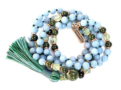 Hand-Knotted Angelite, Tourmaline, Prehnite & Green Jade Mala Beads Necklace | 8mm 108 Beads | Universal Birthstone | Heart & Throat Chakra