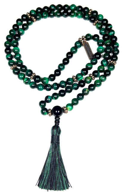 Handmade Green Tiger's Eye Mala Beads Necklace – 8mm 108 Beads - Copper Spacers – Heart Chakra & Taurus Birthstone
