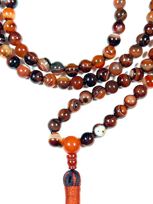 Handmade Red Striped Agate Mala Beads Necklace – 8mm, 108 Beads – Root Chakra, Aries & Scorpio Birthstone