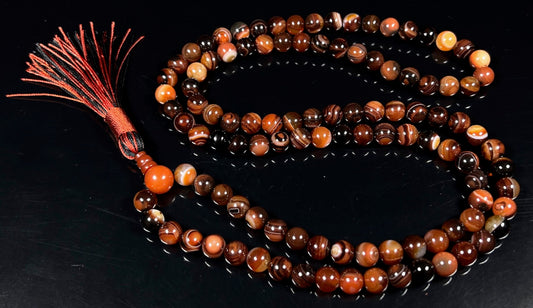 Handmade Red Striped Agate Mala Beads Necklace – 8mm, 108 Beads – Root Chakra, Aries & Scorpio Birthstone