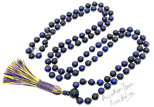 Hand Knotted Royal Guardian Mala – 8mm Purple Tiger’s Eye with Black Tourmaline Guru | 108 Beads | Third Eye & Root Chakras | February Birthstone Energy | Ethically Sourced