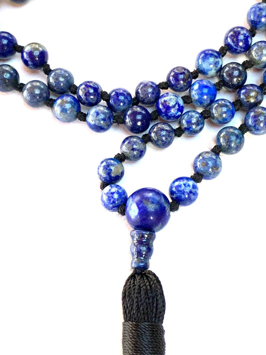 Hand Knotted 6mm Lapis Lazuli Mala Beads Necklace | Third Eye & Throat Chakra Healing | Intuition & Communication Boost