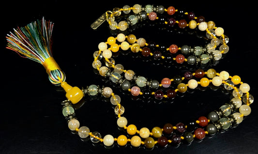 Hand Knotted Abundance Alchemist Mala Beads Necklace | Manifestation Crystals | 8mm 108 Beads | Solar Plexus & Root Chakras | Universal Zodiac Birthstones | Ethically Sourced