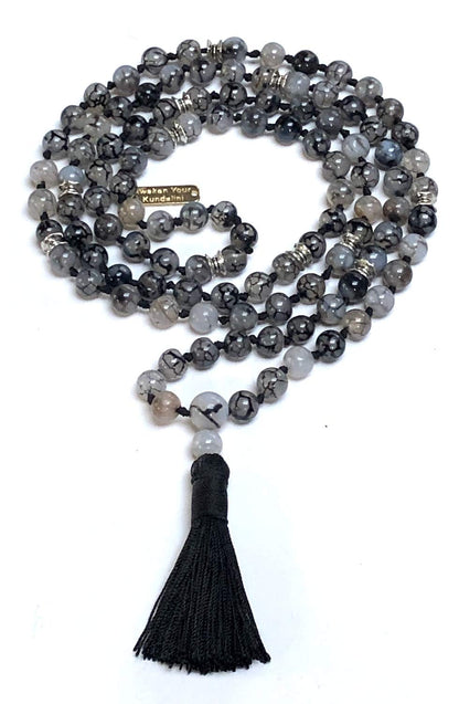 Certified Energized Mala Beads Necklace with COA - Chakra Mala - Japa Mala - 8mm 108 Buddhist Prayer Beads - Meditation Mala - Tassel Necklace – Zodiac/Sun Sign stones (Dragon Vein Agate)