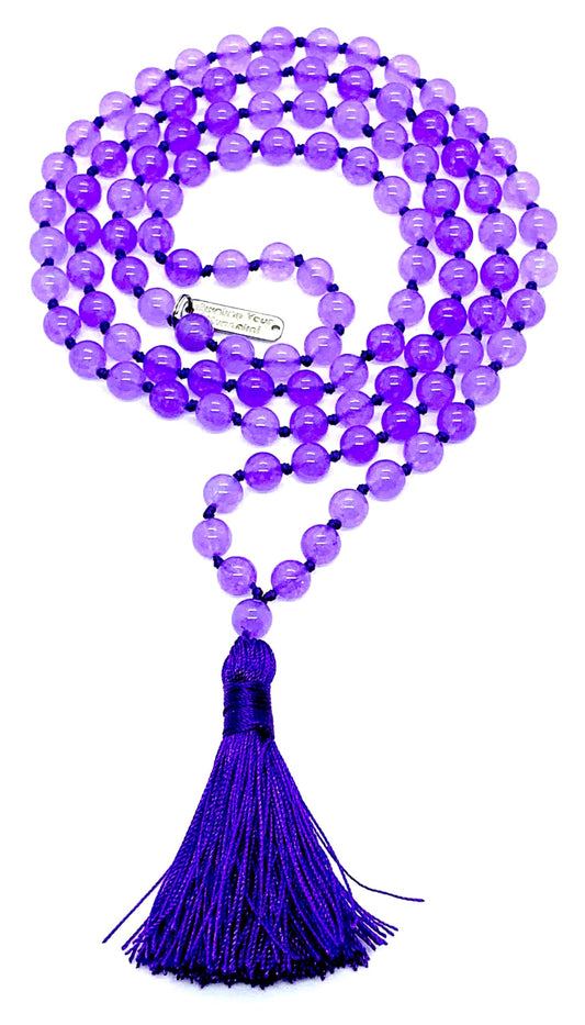Hand Knotted Royal Harmony Mala Necklace – Natural Purple Jade Beads | 8mm 108 Prayer Beads | Third Eye & Crown Chakras | February Birthstone Energy
