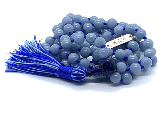 Knotted Blue Angelite Mala Beads Necklace,