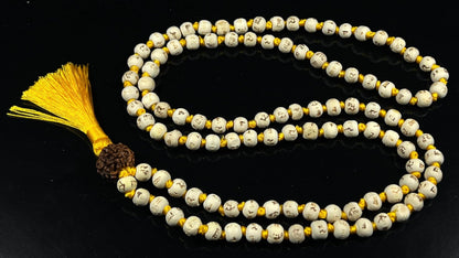 Tulsi Mala Beads Necklace w/ 5 Mukhi Rudraksha – 8mm Beads with "Ram" Inscription – Root Chakra & Aries Birthstone – Meditation Jewelry