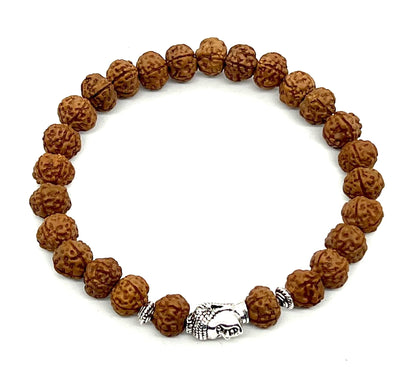 Cultivate Inner Peace: Handmade 5 Mukhi Rudraksha & Buddha Head Bracelet (8mm) - Root Chakra Balance & Universal Birthstone