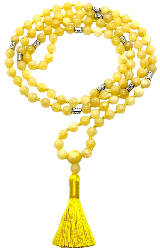 AWAKEN YOUR KUNDALINI Calcite Mala Beads Necklace, Taurus & Gemini Birthstone, Throat Chakra Harmony - Hand Knotted