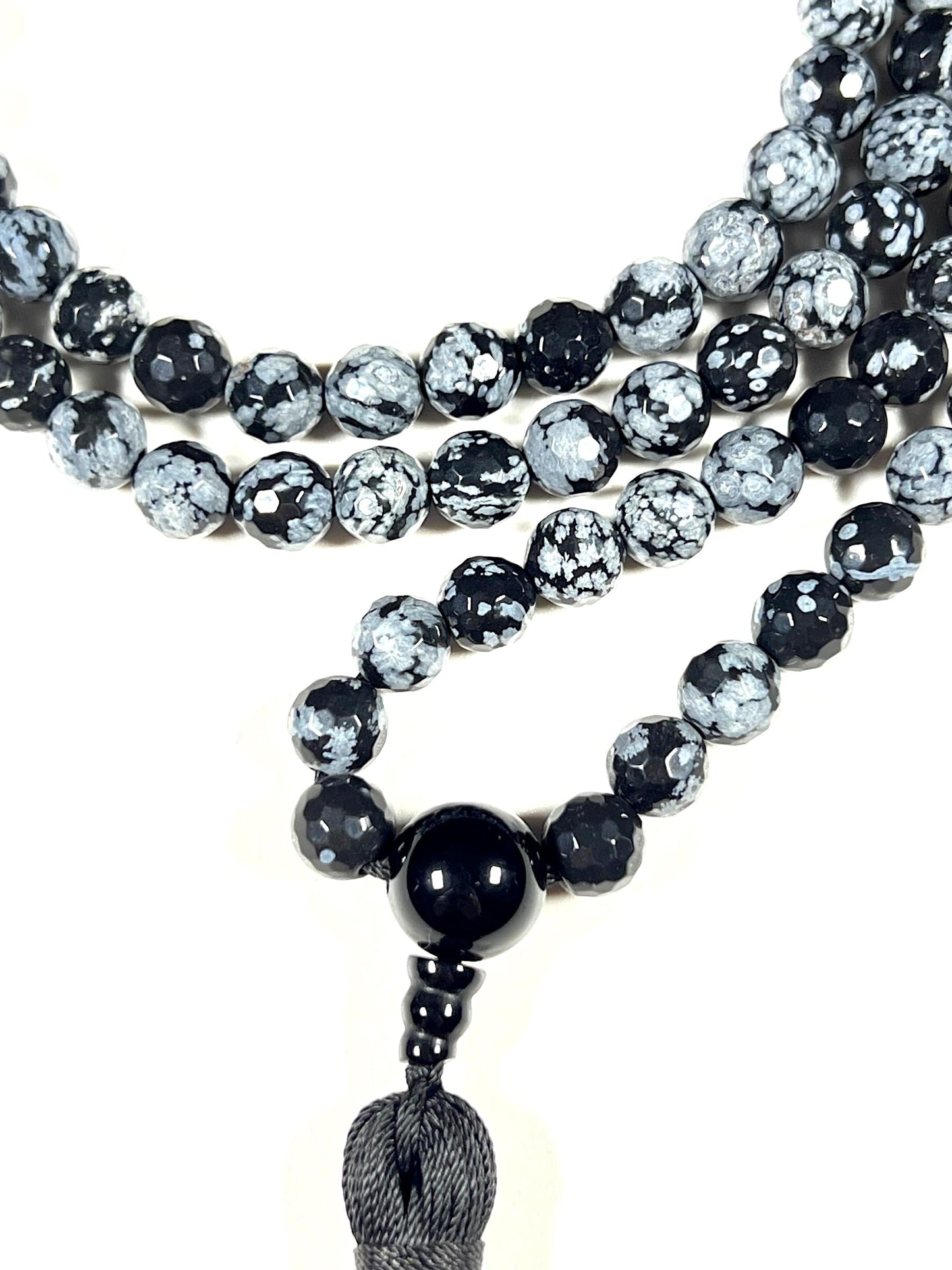 Snowflake Obsidian Mala Beads Necklace, Facetted 8mm 108 Mala Beads, Capricorn and Virgo Birthstone Crystal Gemstones