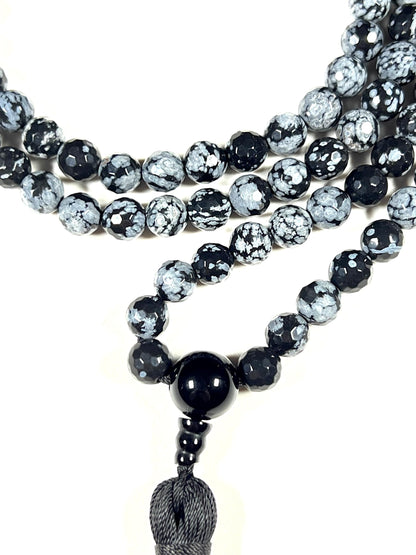 Snowflake Obsidian Mala Beads Necklace, Facetted 8mm 108 Mala Beads, Capricorn and Virgo Birthstone Crystal Gemstones